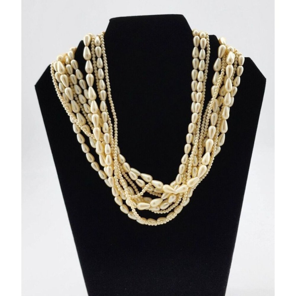 Vintage Carolee Signed Multi Strand Pearl Choker Necklace Gold Toned Bow Clasp